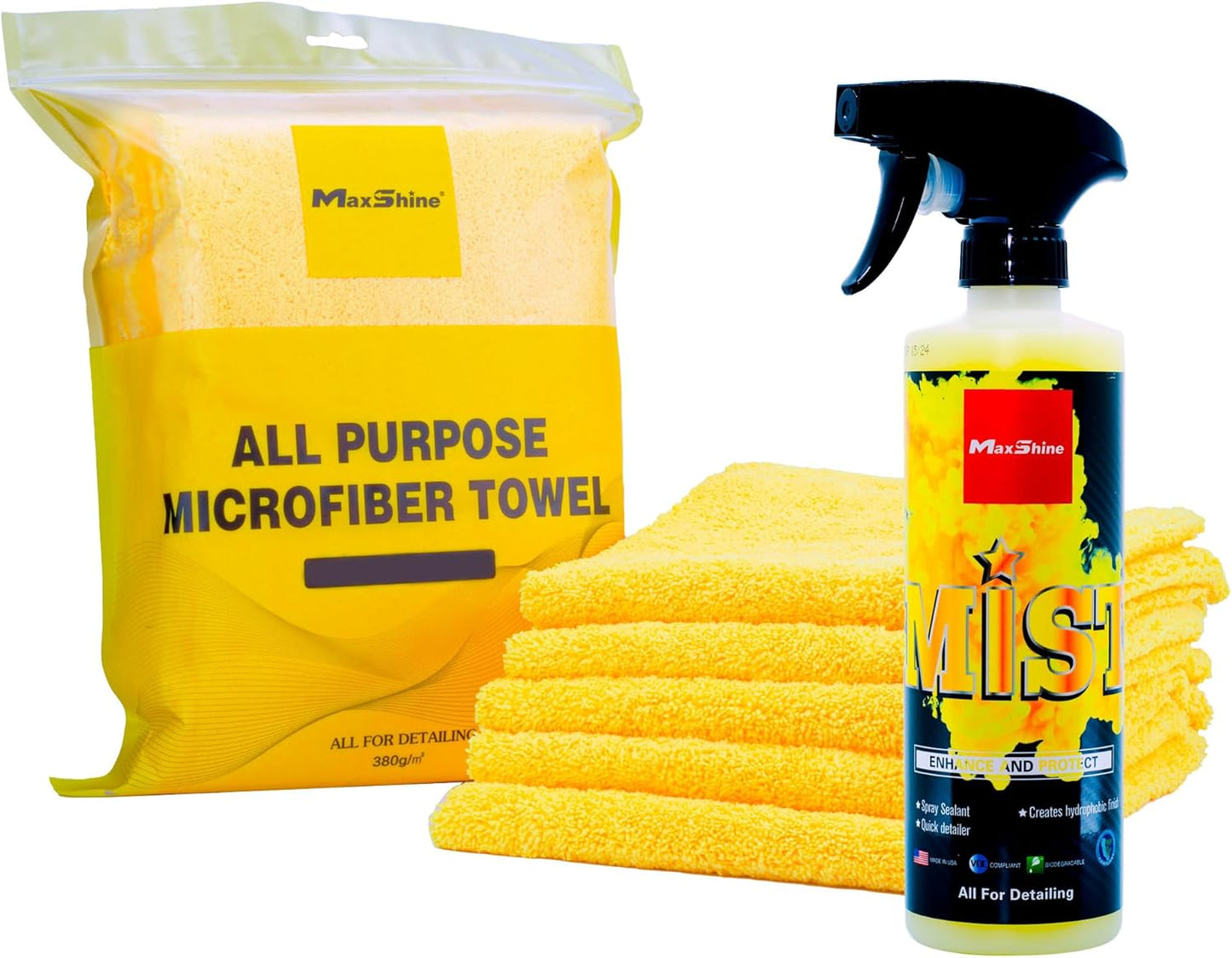 Snow Shine Kit - Includes (1) AIO Mist Cleaner & (5) 380GSM Edgeless Microfiber Towels for Car Detailing - Auto Detailing Supplies & Accessories